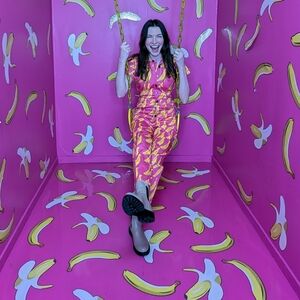 Bright Pink Banana-Print Jumpsuit